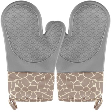 2 Pack Silicone Oven Gloves, Non-Slip Heat Resistant Oven Mitts | Kitchen Baking Gloves with Cotton Blend Lining, Silicone Oven Mitts for Cooking, BBQ, Grill, Camping, Grey