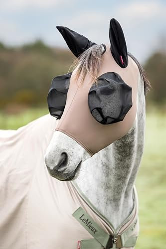 LeMieux Bug Relief Half Fly Mask - Pull On Design - Four Way Stretch Fabric - Bug-Eye Eye Darts - Mesh Ears - Walnut - Medium