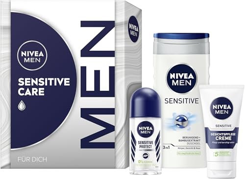 NIVEA MEN Sensitive Care, set regalo, set per la cura della pelle sensibile, confezione regalo con doccia curativa, crema per la cura del viso e deodorante per uomo