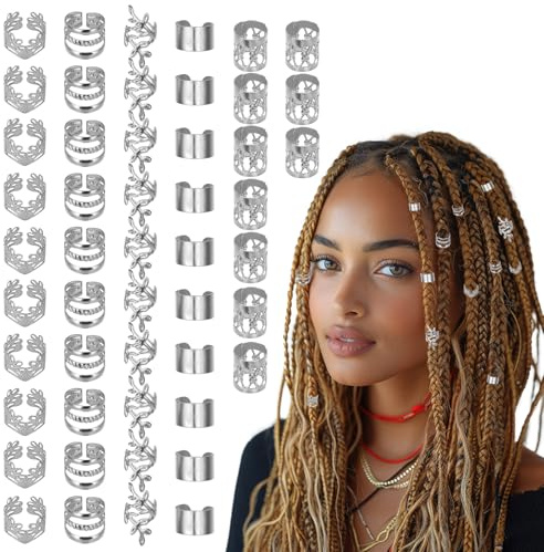 BOHUIZ Lot de 50 bijoux en argent pour tresses, dreadlocks, dreadlocks – Bagues réglables, manchettes, breloques, perles décoratives pour homme et femme