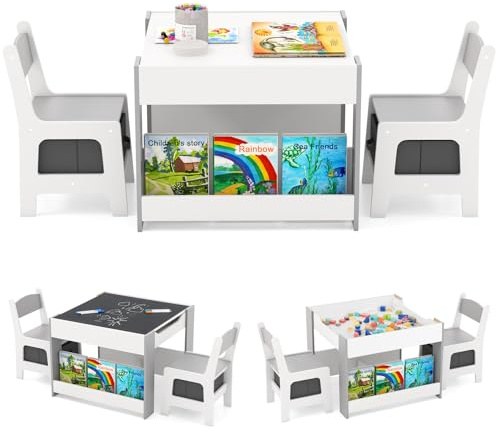 GOPLUS Table Enfant avec 2 Chaises, 4 en 1 Table de Dessin avec Plateau Réversible et Tableau Noir, Petit Bureau Enfant avec 2 Boîtes de Rangement Amovible, Étagères à Livres (Gris)