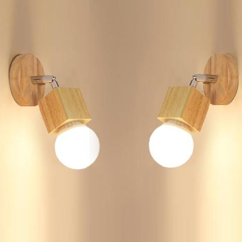 LIGKIN 2 Pezzi Applique da Parete in Legno Retrò Lampada da Parete Deco Spot da Parete 350° Rotante Illuminazione da Parete E27 Plafoniera Interna per Corridoio Camera da letto Scala (Quadrato)