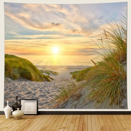 Musihy Arazzo da parete, 240 x 220 cm, spiaggia marina, erba e tramonto, decorazione da parete per soggiorno, camera da letto e dormitorio, giallo-verde, beige