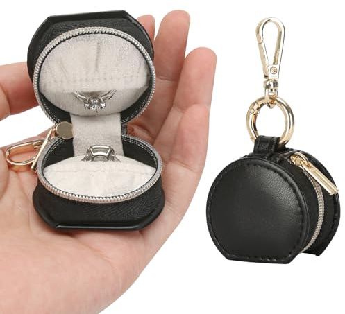 KUKUVR Small Travel Ring Holder Box with Keychain (Black)