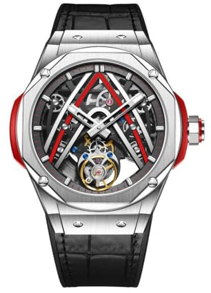JDLERMY Montre mécanique pour homme avec mouvement tourbillon volant, cadran en diamant, remontage automatique, cristal saphir, double face, creux, étanche, montre lumineuse, Rouge, Classique