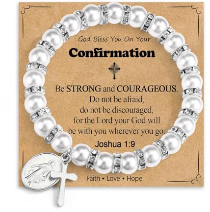 QKEOISUD Pearl Cross Charm Bracelet for Girls, Baptism First Communion Easter Confirmation Gifts for Teens Girls, Catholic Religious Christian Elastic Bracelet Jewelry Accessories