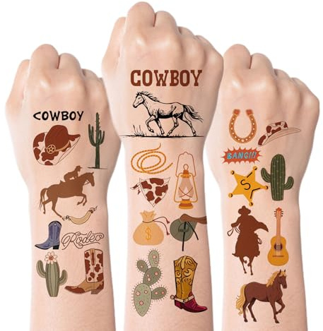 Kotkiddy 72 stycken västerländska cowboy tillfälliga tatueringar barn pojkar flickor festdekoration present klistermärken för födelsedag fest vilda västen häst rodeo kaktus
