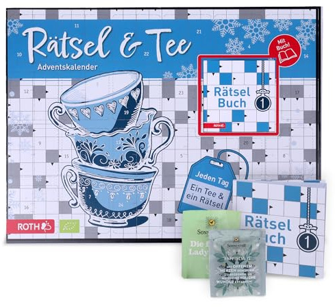 ROTH Rätsel Adventskalender 2025 – 24 spannende Rätsel mit Bio-Teebeutel für jeden Tag – Adventskalender für Erwachsene mit Rätselbuch, nachhaltigem Tee-Genuss, Entspannung & kreativer Adventszeit