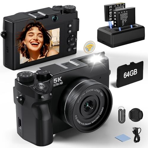 5K 75 MP Digital Camera for Photography with 18X Zoom, WiFi Autofocus Vlogging Camera with UHD Dual Lens, 64GB Card Point and Shoot Travel Cameras for Beginner and Teen 1 Charge for 2 Batteries, Gift