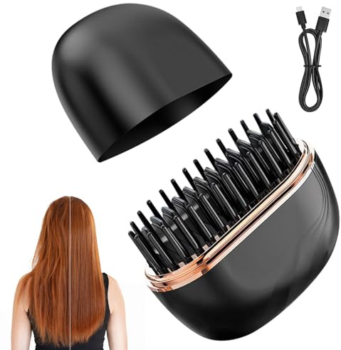 Mini Peine Alisador de Cabello,2 en 1 Peine Alisador Inalámbrico,Portátiles,Control de Temperatura 3 Velocidades,Calentamiento Rápido 30 Segundos,para Cabello Liso y Rizado (Negro)