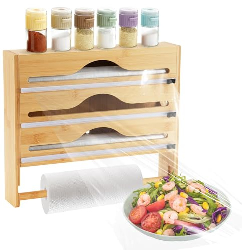 Tuevob Cling Film Dispenser and Cutter, 3-in-1 Bamboo Cling Film & Tin Foil Dispenser with Kitchen Roll Holder - 35cm Organiser Storage Cutter Kitchen Roll Foil Wrap Oraganizer Film Wax Paper ﻿