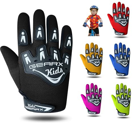 GearX Guantes de Ciclismo para niños, BMX, Bicicleta de montaña, Motocross, Enduro, Paintball, ATV, Quad, Karting, Senderismo, Negro, S