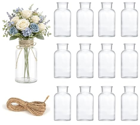 Lot de 12 Vases en Verre 125ml, Grand Col 10.3cm avec 10m Ficelle Jute, Style Vintage Lavable pour Décoration Table, Centrepieces, Mariage, Maison, Fête, Laboratoire