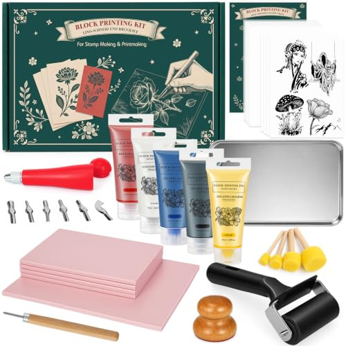 50 st/set lino-snitt och tryckset, blocktrycksset med bläck för nybörjare | Innehåller gummiblock, snidverktyg, tidspapper, gummirullar, tryckstänger och färgplatta, komplett stämpelmakarset