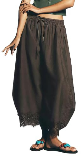 Women's Wide Leg Lace Trim Pants Y2K Drawstring Waist Loose Long Bloomers | Summer Fashion Lace Panel Hem Trousers Cropped Beach Flowy Pant Loose Casual Pajama Bottoms Elastic Waist Lounge Balloon Pant