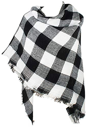 VIVIAN & VINCENT Women's Buffalo Plaid Blanket Winter Scarf Warm Wrap Oversized Shawl Cape Black and White