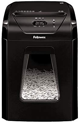 Fellowes Paper Shredder for Home Office Use - 12 Sheet Cross Cut Paper Shredder for Deskside Use - Powershred 12C Home Shredder with 19 Litre Pull-out Bin - High Security P4 - Black