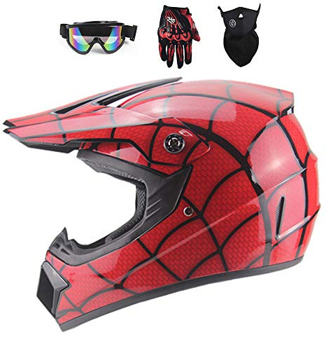 Rouge/ Toile d'araignée - Casque Moto Cross Enfant avec Lunettes Gants Masque, Casque VTT Integral pour Hors Route, BMX, Enduro, Velo, Quad, ATV, Scooter (M)