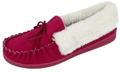 Cushion Walk Ladies Real Suede Leather Faux Sheepskin Fur Lined Moccasin Slippers Size 4-8 (Fuchsia, 5)