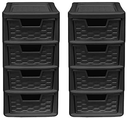 4 Drawer Small Rattan Tower Unit - Black, Set of 2 Units - 38.5cm (H) x 19cm (W) x 26cm (D)
