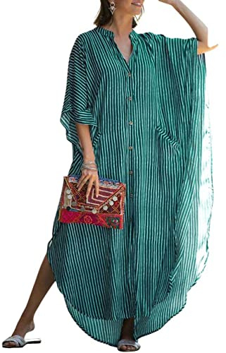 Bsubseach Beach Kaftan Dresses Button Down Long Rayon Caftan Swim Cover Up Muumuu Dress Oversized Coverups With Pockets Green Stripes