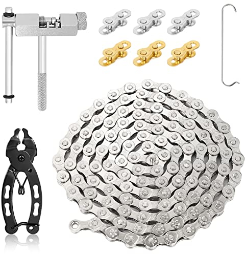 Fahrradkette 6/7/8-fach Kettenbrecher und Kettenprüfer kettenspanner fahrradkette werkzeug 116 Glieder 1/2 x 11/128 inch mit Kettenschloss Zange Ketten Entferner und 6 Paar Kettenschloss