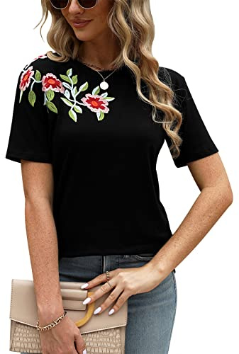 Mexican Tee Shirts for Women Black Embroidered Floral Tops & Blouses Short Sleeve Womens Shirt Tunic Peasant Traditional Fiesta Top Boho Ethnic Fashion for Ladies with Elegant Embroidery