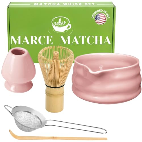 Marce Matcha Whisk Set- Matcha Set includes Matcha Whisk and Bowl with Spout, Sifter, Holder and Scoop- The Perfect Bamboo Whisk for Matcha Tea (Pink)