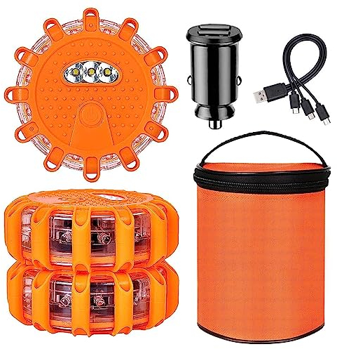 Aisny 3 pièces Voyant D'avertissement de Voiture, Voyant D'avertissement LED étanche avec Chargeur de Voiture Câble USB 3 en 1 et Sac de Voyant D'avertissement Kit de Panne de Lampe LED