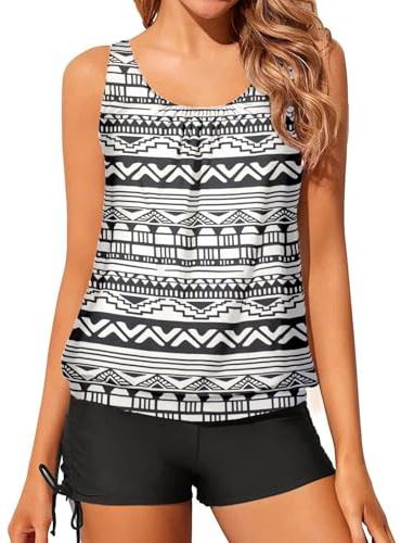 IHCEMIH Swimming Costume Women Tankinis Sets Blouson Swimsuits Push up High Waisted Swimwear Bathing Suit Women's Printed Beachwear 2 Piece Tankini with String Shorts for Ladies Geometric Lines L