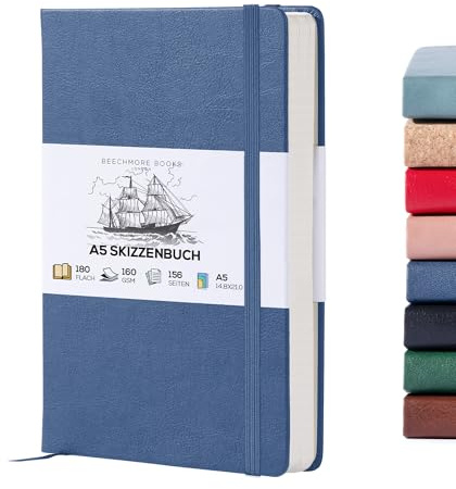 BEECHMORE BOOKS Cuaderno de bocetos A5 (14,8 x 21) – 156 páginas, 160 g/m² | Tapa dura piel vegana, apertura plana, hojas perforadas, caja de regalo, bloc de dibujo profesional