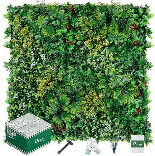 Grooy Pared de césped, paneles de boj tropical artificial de 20 x 20 pulgadas (12 piezas), pantalla de valla de seto de privacidad con protección UV, telón de fondo verde para decoración de interiores