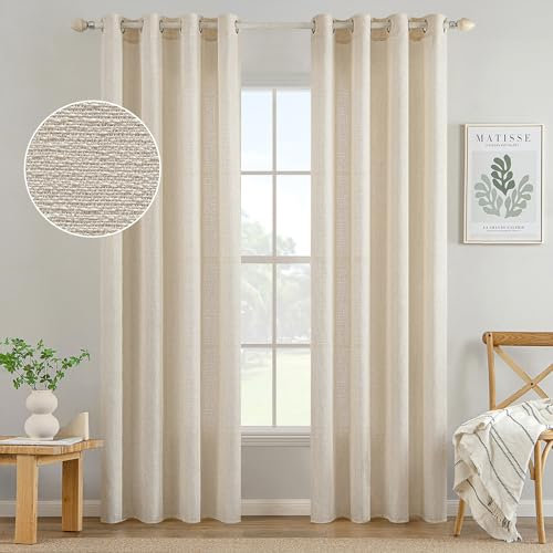 MIULEE 2er Set Voile Vorhang Sheer Leinenvorhang mit Ösen Transparente Unregelmäßige Textur Gardine Ösenschal Fensterschal Lichtdurchlässig für Schlafzimmer 215 x 140cm (H x B) Hellbeige