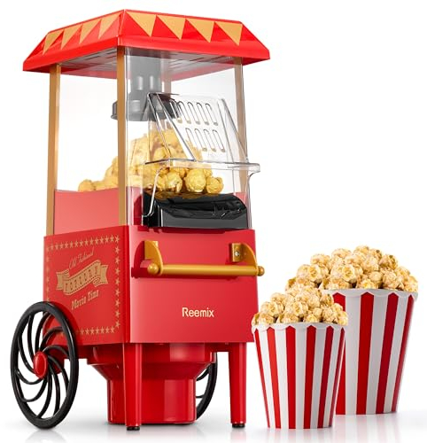 Palomitero, Reemix Máquina de palomitas, Diseño retro, Máquina de Palomitas de Maíz de 1200W sin Aceite ni Mantequilla, Fácil de Usar y Limpiar, Segura y Duradera, Ideal para Fiestas