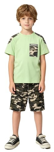 LOLANTA Completo tuta mimetica per bambini, felpa a 2 pezzi e pantaloni cargo, Verde chiaro corto, 6-7 anni, 130