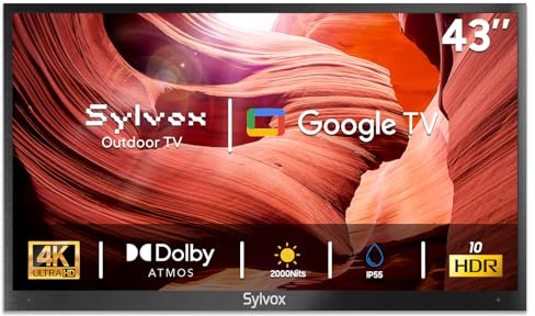 SYLVOX Outdoor TV, 43 Inch Smart TV, 4K UHD 2000Nit Ultra Bright, Sunlight Readable for Outdoor Use, HDR10, IP55 Waterproof, Dolby Atmos, Built-in Google Assistant, Screen Cast (2024, Pool Pro 2.0)