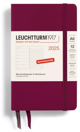 LEUCHTTURM1917 370499 Agenda semanal y cuaderno 2025, bolsillo A6, tapa dura, planificador de 12 meses, 80 g, a rayas, Port Red