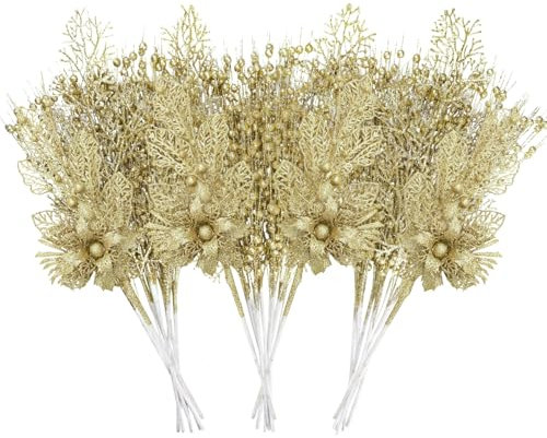 UXORSN 28 Pezzi Ornamenti per Albero di Natale Plettri di Fiori Bacche Artificiali Glitterati Addobbi Albero di Natale Ramoscelli di Natale per Decorazione Dell'albero di Natale Vaso Regalo,Golden
