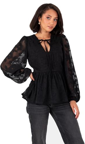 Lovedrobe Women's Floral Top Ladies Blouse Long Balloon Sleeve V-Neckline Peplum Chiffon Tie Front Smart Casual Office Wear, Negro 40