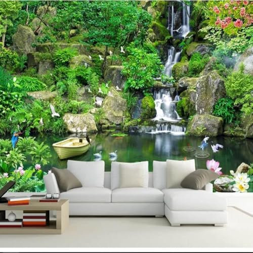 Tzxztt Lotus Flowers Boats Waterfalls Green Plants Modern 3D Wallpaper Embossed Silk Neutral Tones Material Ideal for Living Room Bedroom-300cm×210cm