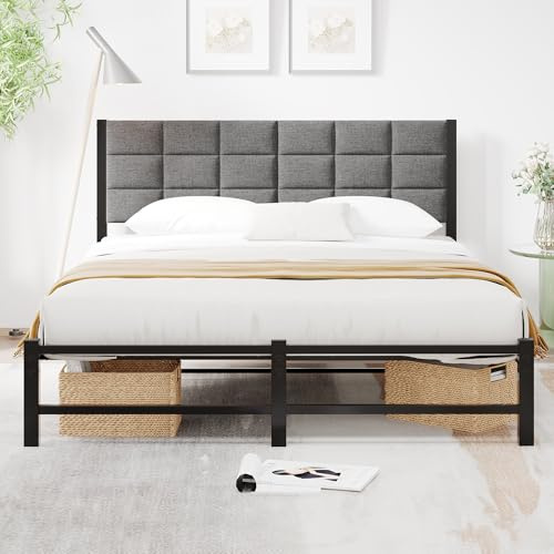 JUISSANO Double Bed Frame Upholstered Platform Bed with Headboard,4ft6 Metal Bed Frame Double with Under Bed Storage,Sturdy Slats Support/Mattress Base,No Box Spring Needed,Black Double Bed 135x190 cm