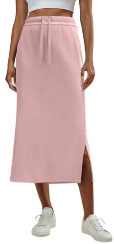 GRECERELLE Damkjol, lång, elegant, skrynkelfri, sommarkjolar, A-linje, elastisk hög midja, maxikjol, maxikjol med fickor, dragsko, slits, Rosa rosa, M