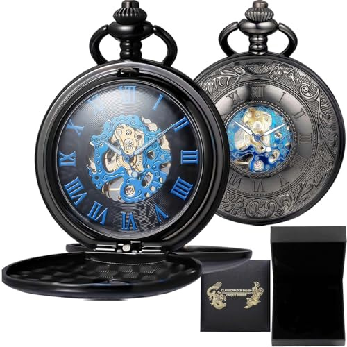 DerMacht Skeleton Pocket Watches Mechanical Roman Numerals Dial Black Blue with Box and Chains for Mens Women