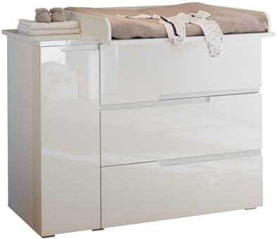 Wickelkommode >Spice< 120 cm breite Wickelkommode in Weiß Hochglanz mit Wickelaufsatz, 3 Schubladen & Tür, Melamin-Korpus, zerlegt, pflegeleicht, viel Stauraum, modern & stabil, B/H/T: 120/102/80 cm