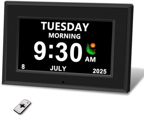 MYFMLI Digital Alarm Clock for Seniors - No-Abbreviation Date HD Display Auto Dimming Photo Frame DST Adjustment, Ideal Gift for Elders (7inch Black)