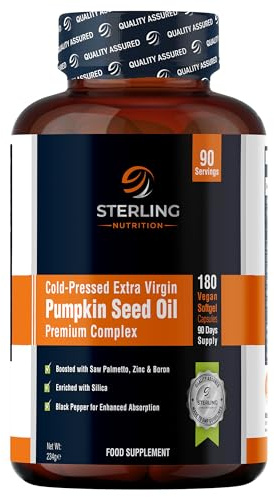 Pumpkin Seed Oil Capsules Premium - Cold Pressed Extra Virgin, 180 Vegan Softgels (90 Days) | High Strength 2000mg Supplements with Omega 6 & 9 | STERLING NUTRITION