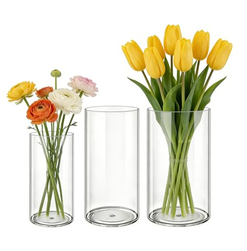 MELEJIA Set di 3 Vasi in Acrilico, Rotondo Vaso Trasparente, Vaso Indistruttibile Leggero, Vasi Resistente per Fiori Freschi/Finti, Decorazione Interna/Esternea (10 x 20cm, 12 x 25cm e 15 x 25cm)