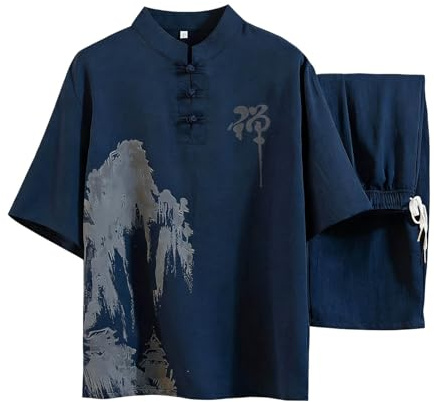 KBOPLEMQ Tang traje de lino para hombre traje de lino de manga larga camisa y pantalones conjunto tradicional artes marciales traje casual Kung Fu Tai Chi Wushu chino de dos piezas conjunto uniforme