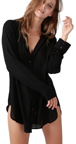 TOUSYEA Sleep Shirts for Women Button Down Shirts Long Sleeve Sleepwear Swimsuit Cover Ups Soft Pajama Tops Black L