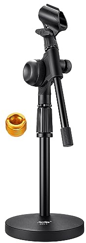 Moukey Mic Stand Desk Adjustable Tabletop Microphone Stand with Non-Slip Mic Clip, Short Table Mic Stand with Gear Fixing, Boom Arm, 3/8 and 5/8 Adapter, MMs-5